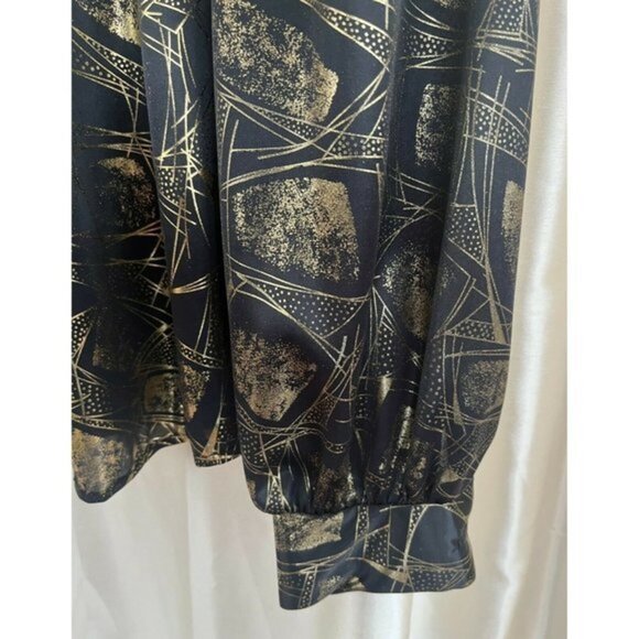 Vintage 80s Lauren Lee Liquid Metallic Leopard Black Gold Mock Neck Blouse Sz 8 - Picture 4 of 6
